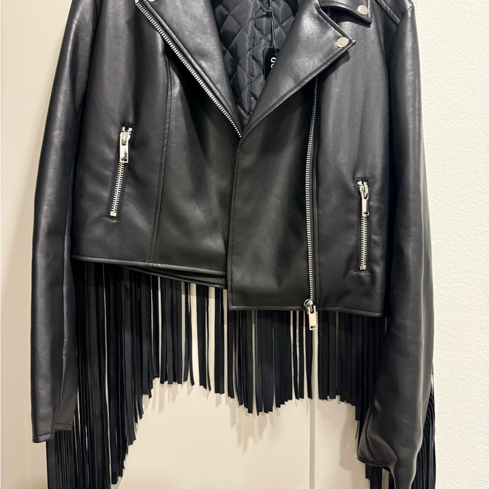 Current Mood Black Faux Leather Fringe Jacket